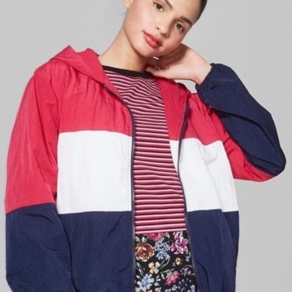 Wild Fable jacket lined windbreaker 2x pink blue & white gently worn colorblock